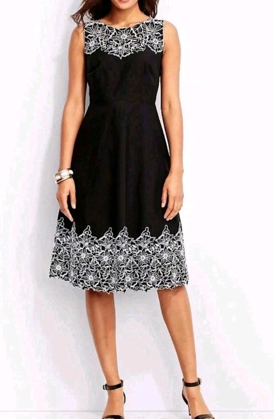 TALBOTS ~Woman Size 2~ Black Embroidered Lace Trim Event Knee-length Dress Lined